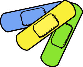 illustrasjon av tre plaster med fargene gul, grønn og blå