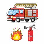 Bildet inneholder tre tegninger: en brannbil, et brannslukkingsapparat og en flamme.