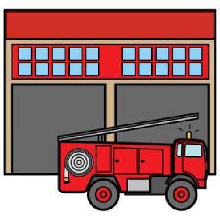 illustrasjon av en brannstasjon med en brannbil stående foran