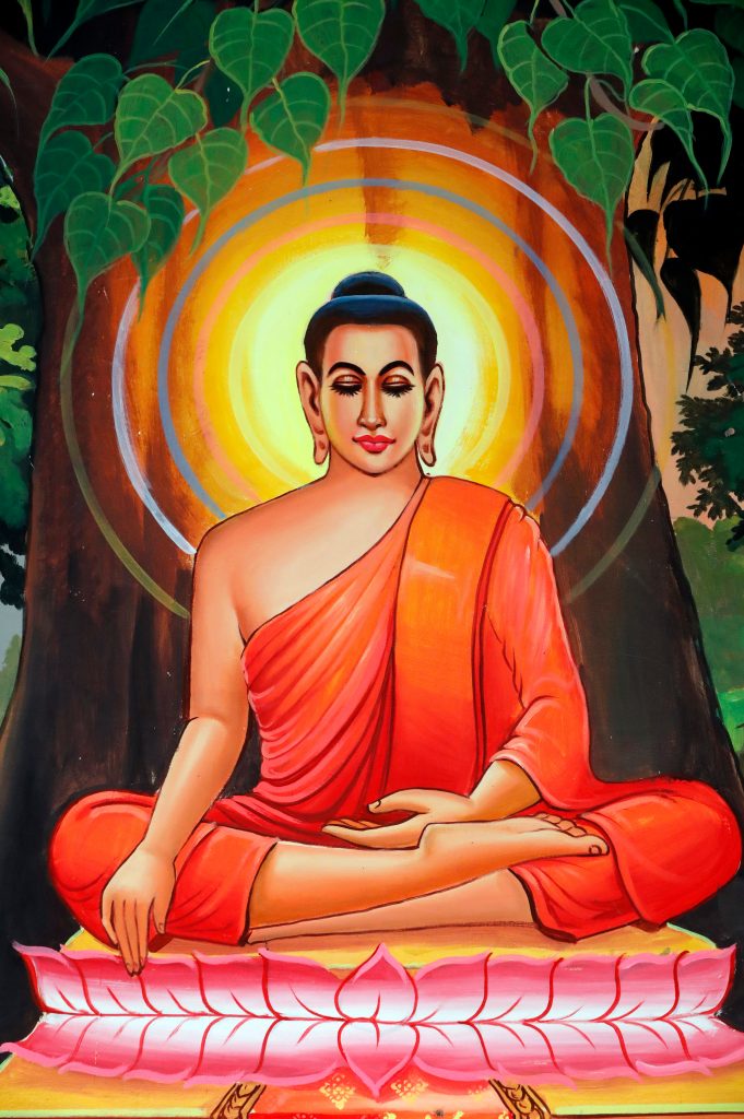 Painting depicting the life story of Shakyamuni Buddha. Buddha Meditating Under The Bodhi Tree. Kep. Cambodia.