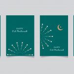 et bilde av fire grønne kort som ligger ved siden av hverandre. det står happy eid mubarak på alle kortene