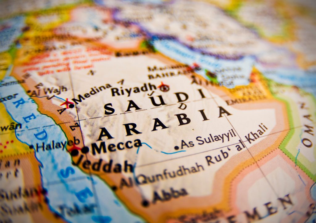Et utsnitt av et koart over Saudia Arabia med Mekka på kartet