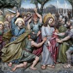 Bilde av en altertavle som viser Judas som kysser Jesus på kinnet