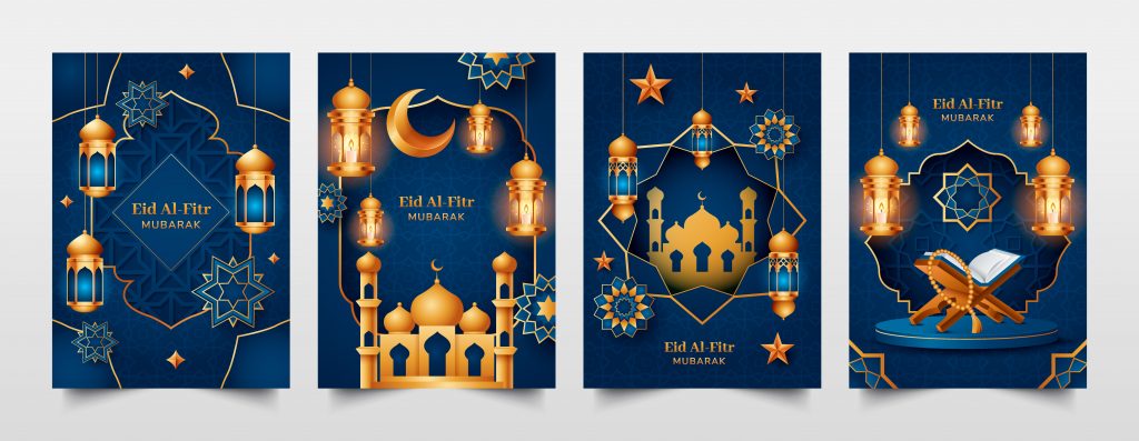 Illustrasjon som visser 4 id kort med islamsk motiv. Kortene er blå i bakgrunnen med gull detaljer. På kortene står det Eid Al- fitr murbarek