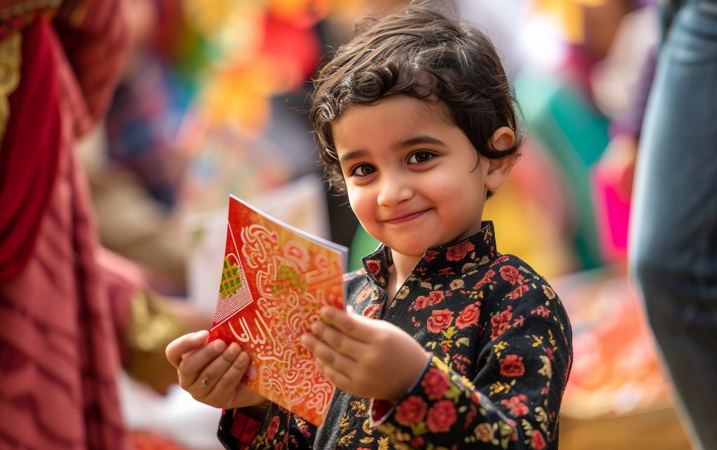 Bilde av en ung jente med en blomstrete kjole. I hånden holder hun et rødt kort.