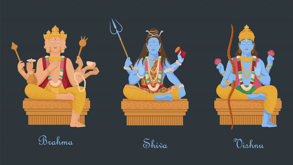 Illustrasjon som viser gudene Brahma, Shiva og Vishnu