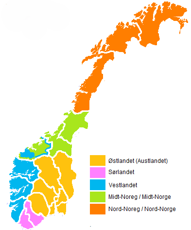 Et tegnet kart over Norge som viser inndeling i landsdelene. 