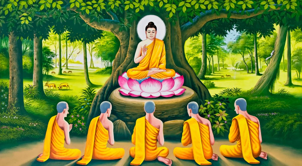 En illustrasjon av Buddha som forteller sin vidsom til andre.