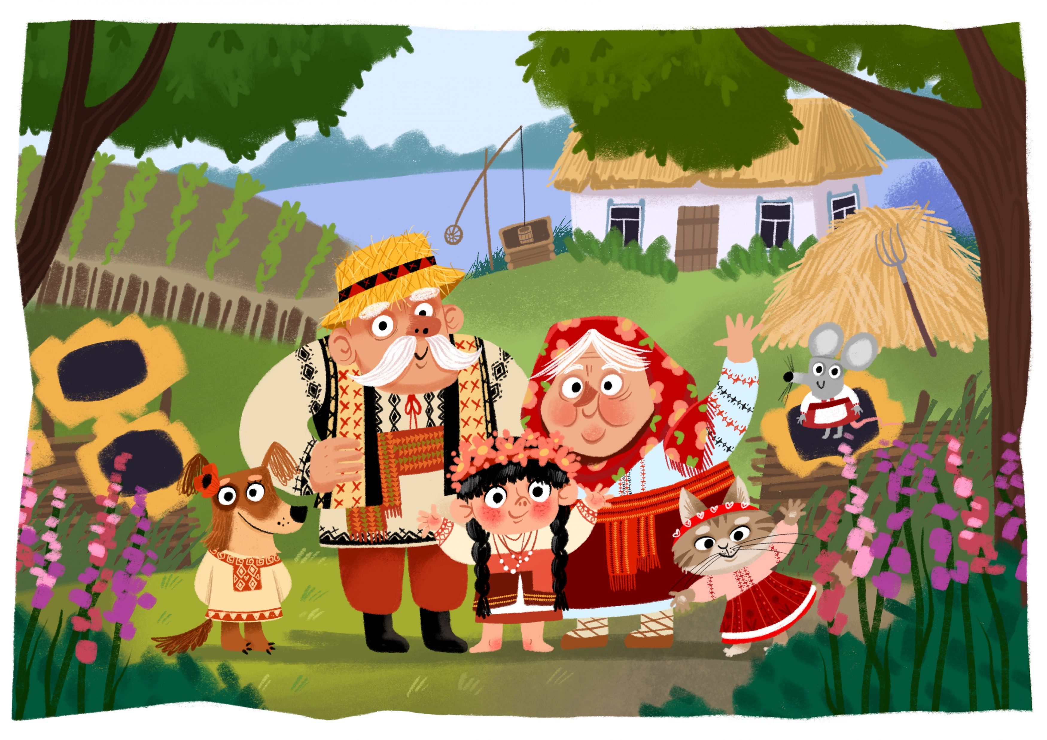 Et bilde av en familie på en gård. en bestefar, en bestemor, et barnebarn (jente), en hund, en katt og en mus. De smiler og vinker.