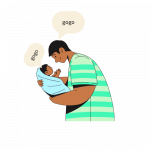Tegning av en mann som holder en baby og snakker til babyen
