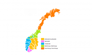 Kart over Norge med landsdeler markert