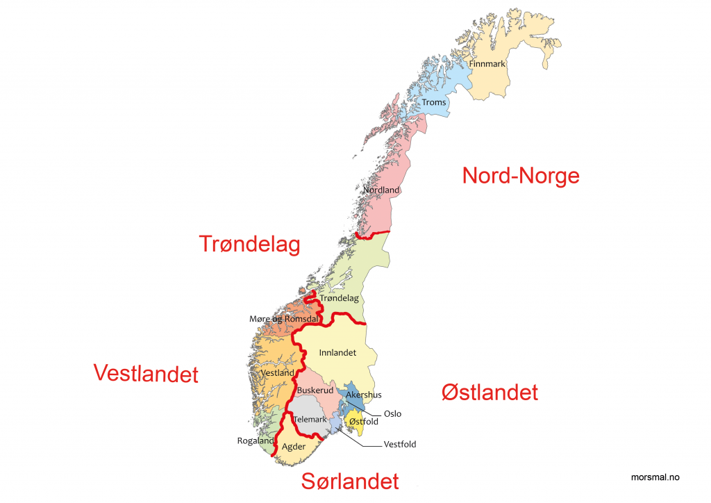 Kart over Norge inndelt i landsdeler og fylker