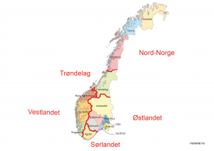 Norgeskart med landsdeler  og fylker