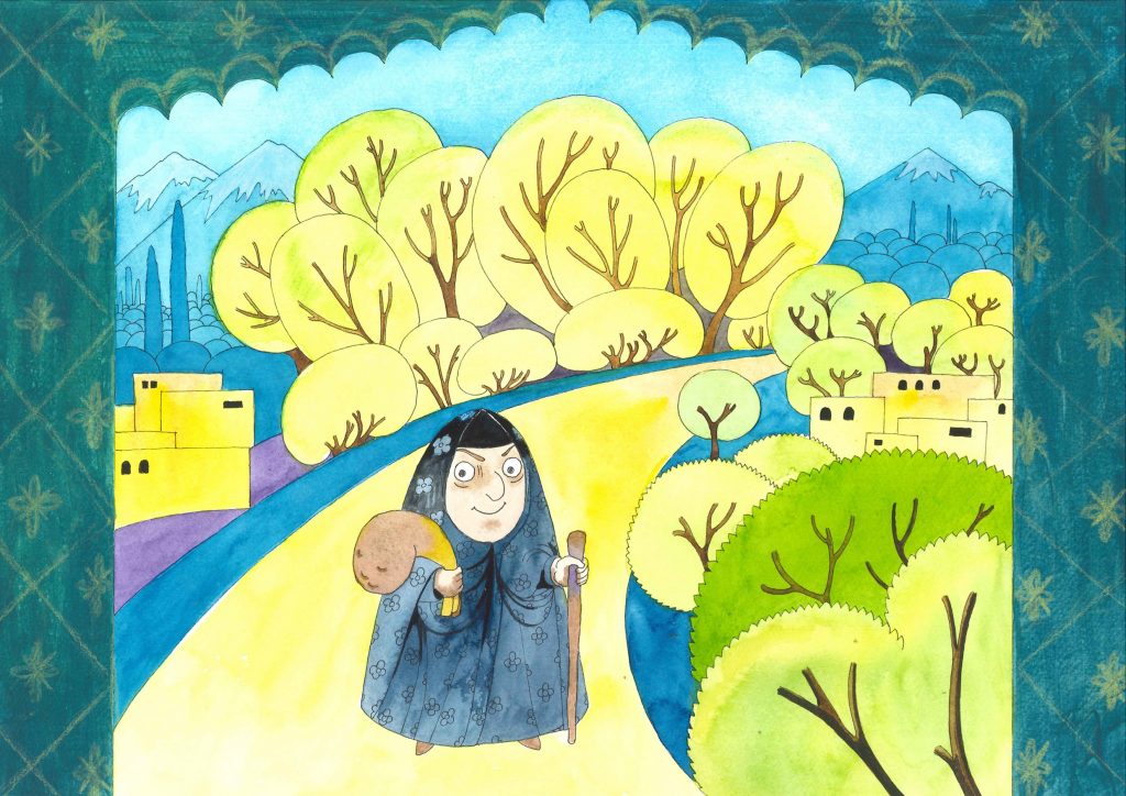 Bildet av en gammel dame som har en sekk over skulderen. Hun står på en vei