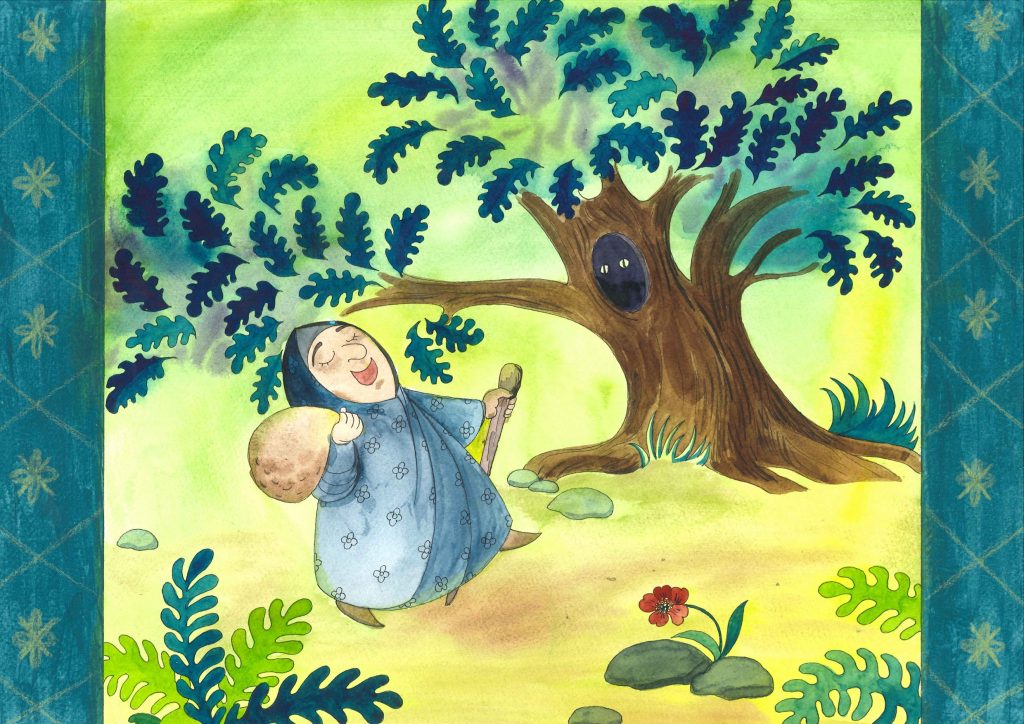 Den gamle damen går bortover en vei med sekken over skulderen. Hun synger. 