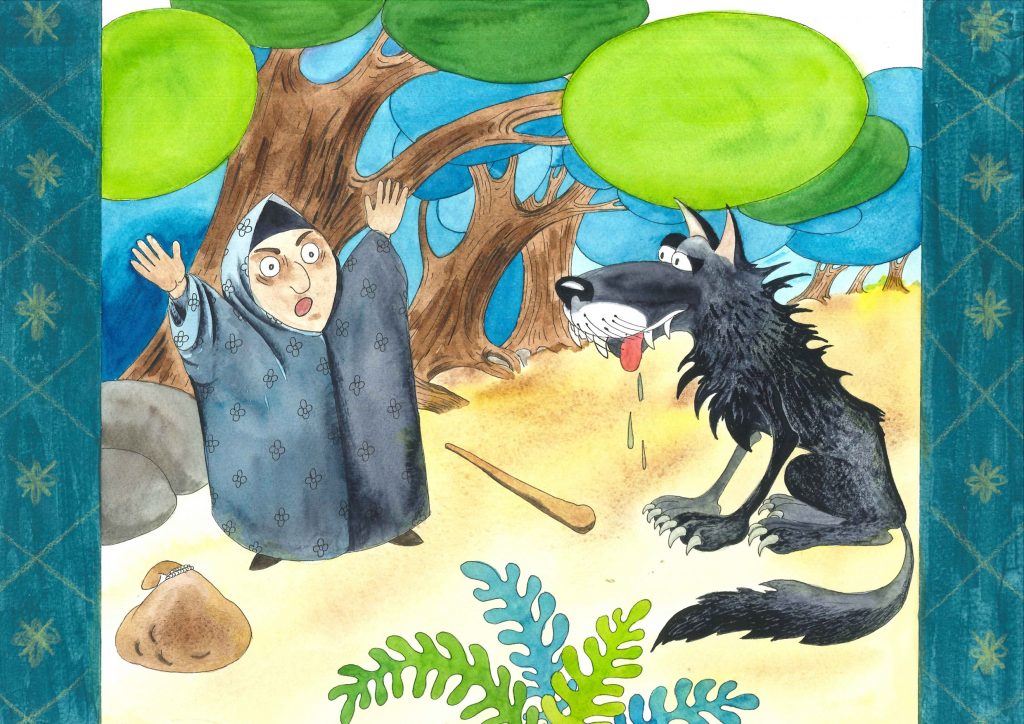 Damen står med hendene opp i været og er redd i ansiktet. En ulv står foran henne og sikler.