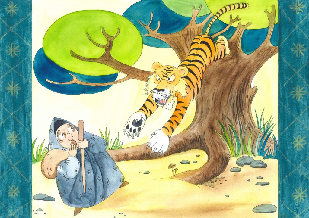 Damen er redd i ansiktet. Det hopper en tiger ned fra et tre foran den gamle damen. 