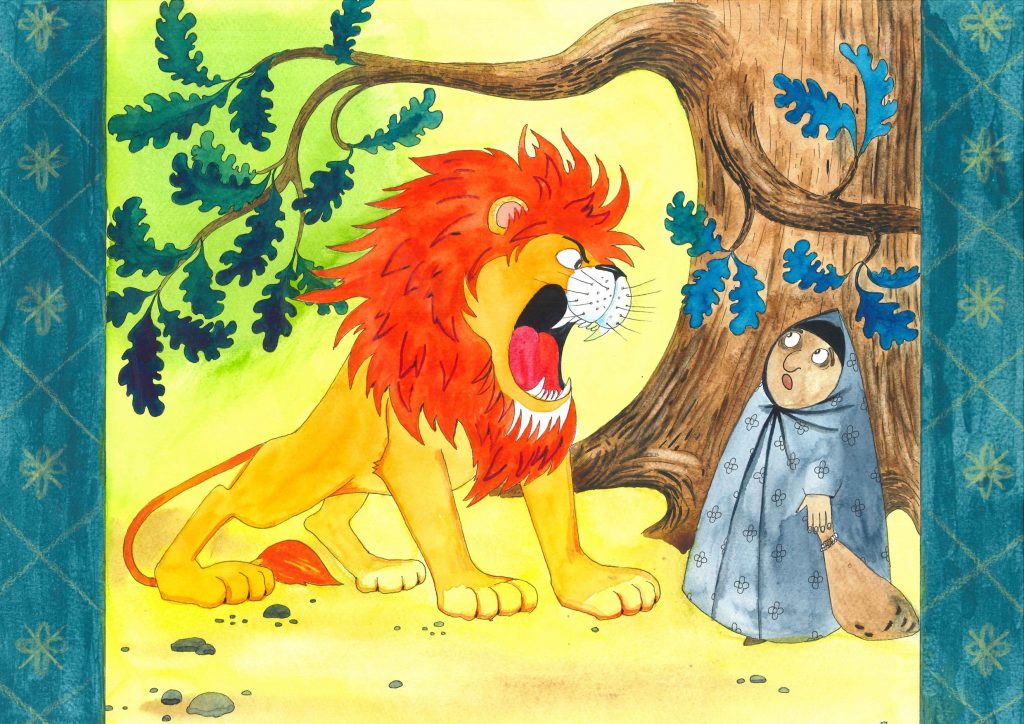 Det står en stor løve med åpen munn foran den gamle damen. Hun ser redd ut. 