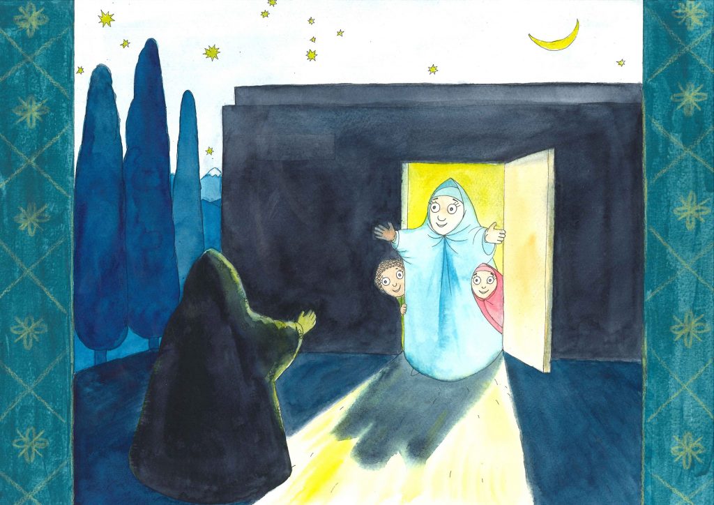 Bildet viser et hus med en åpen dør. I døråpningen står en dame med åpne armer. Ved siden av henne står to barn på hver side. Den gamle damen går mot huset med åpne armer. 