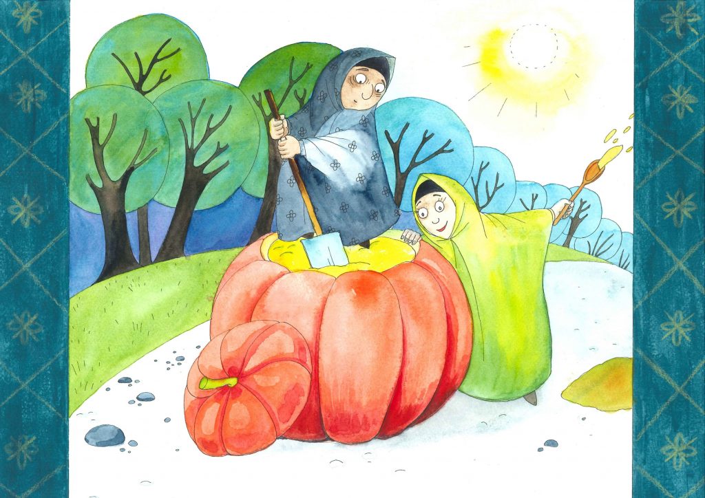 Den gamle damen og datteren graver ut innholdet i et stort gresskar. 