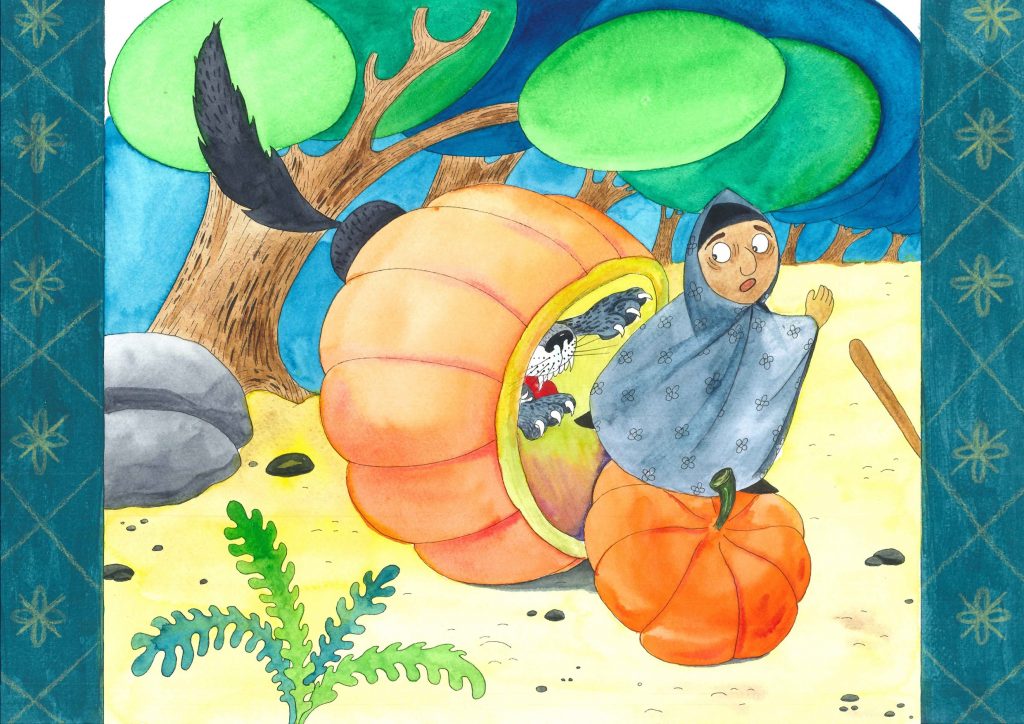 Den gamle damen hopper ut av gresskaret på den ene siden. Ulven hopper inn i gresskaret på den andre siden. 