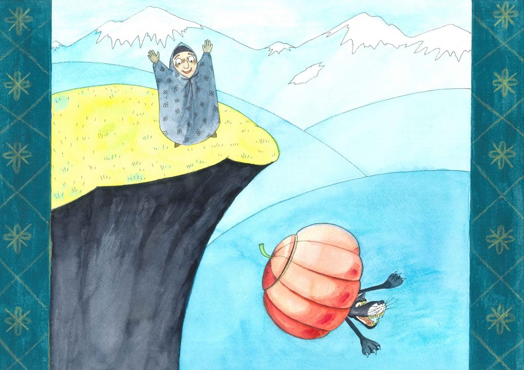 Den gamle damen står på en klippe med hendene opp i luften. Under klippen ser man gresskaret med ulven inni falle ned. 