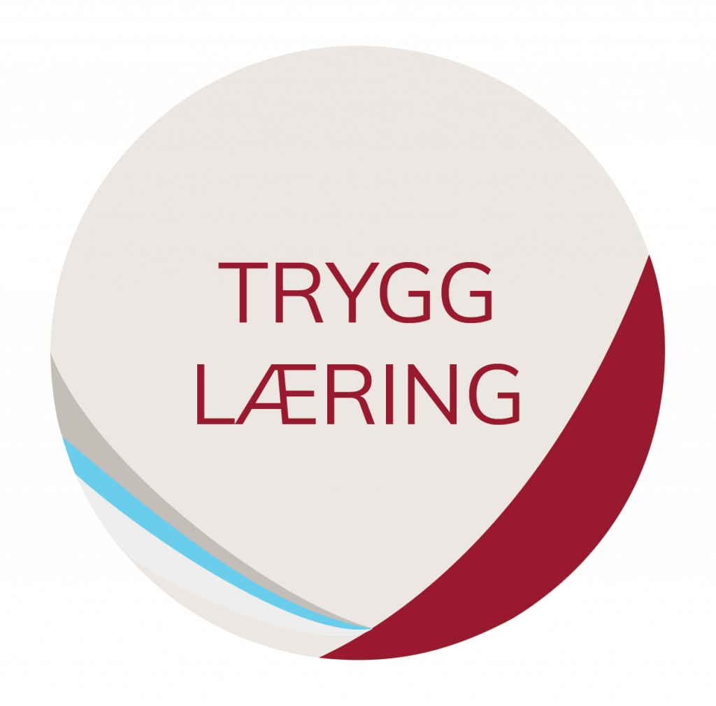 En sirkel i beige farge med komponenter av lydsblått, rødt og hvitt. Teksten Trygg læring står i senter av sirkelen