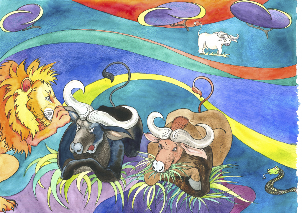 løven hvisker noe til den svarte og den brune oksen. man ser den hvite oksen stå i bakgrunnen et stykke unna.