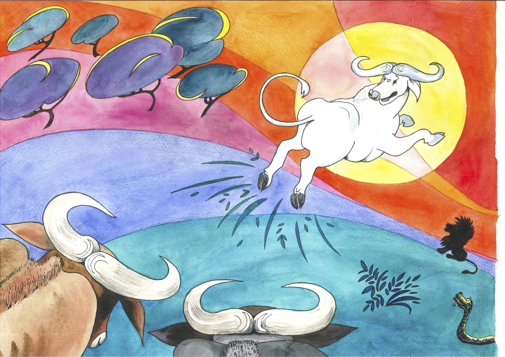 Den brune og den svarte oksen jager bort den hvite oksen.