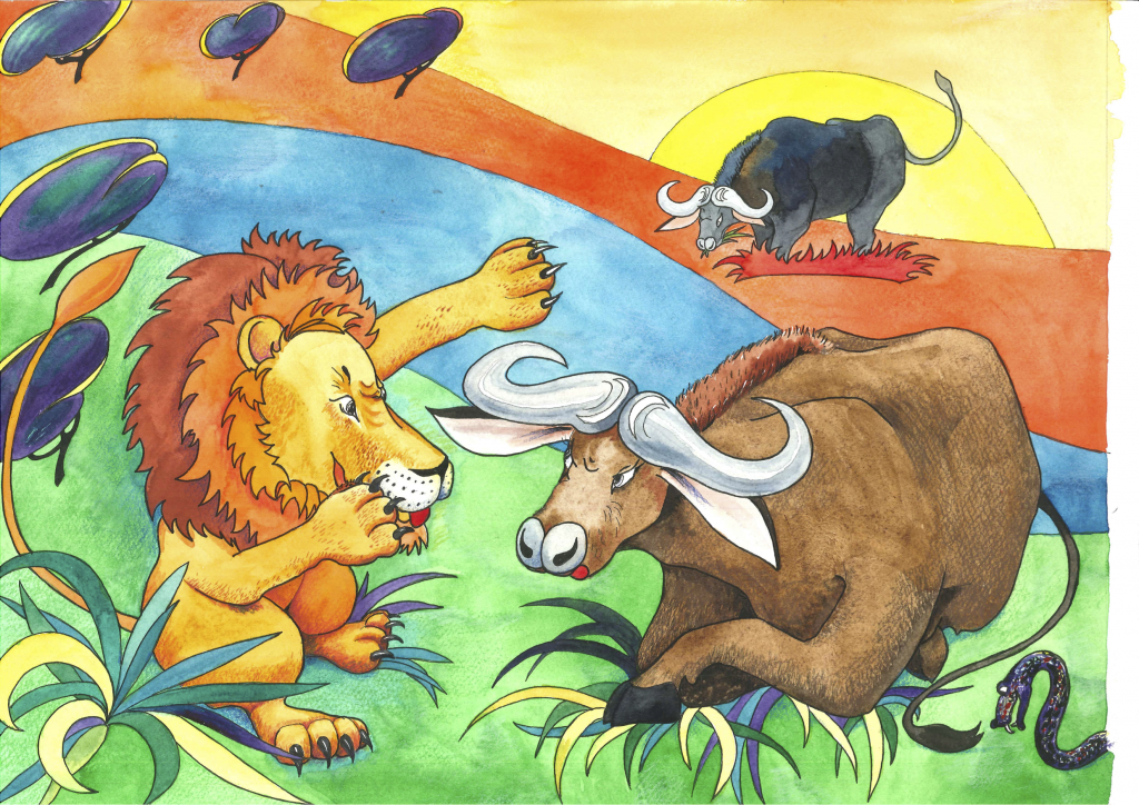 Løven hvisker til den brune oksen. Den svarte oksen står et stykke unna.