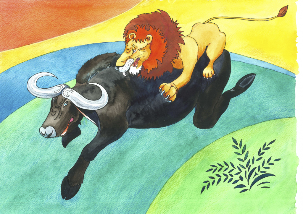 Løven sitter på ryggen til den svarte oksen.