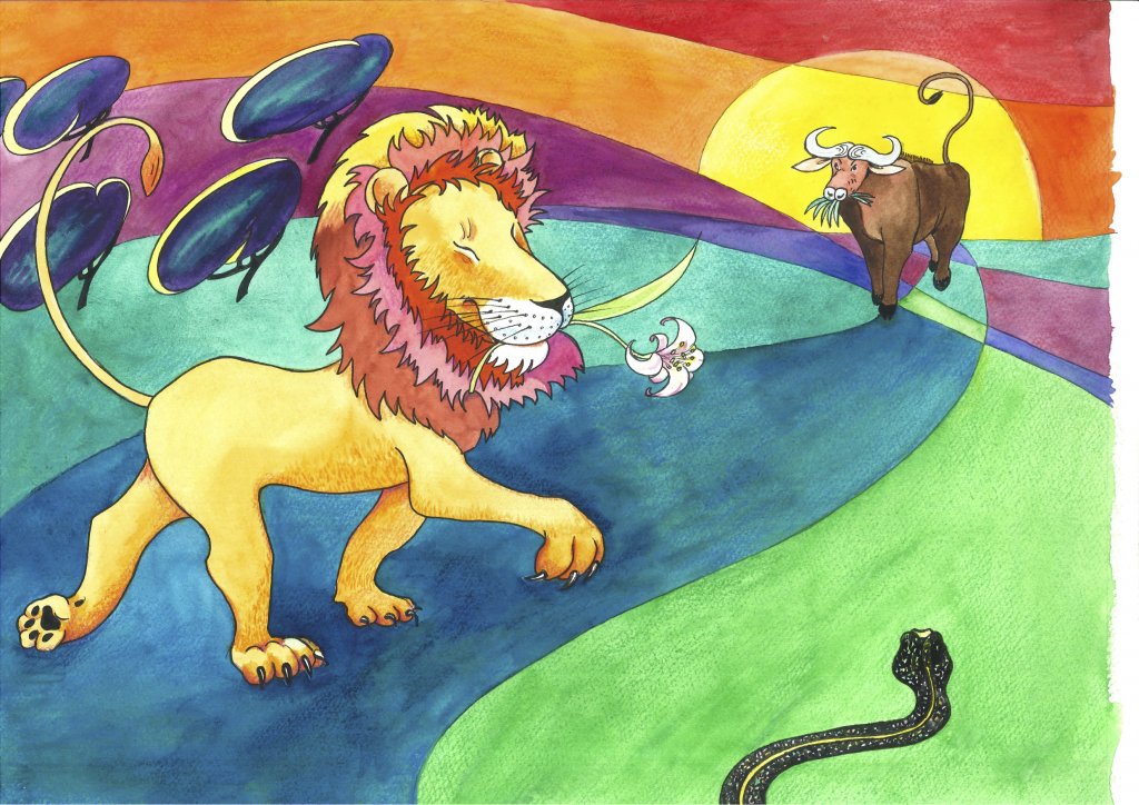 Løven går mot den brune oksen. Han har en blomst i munnen.