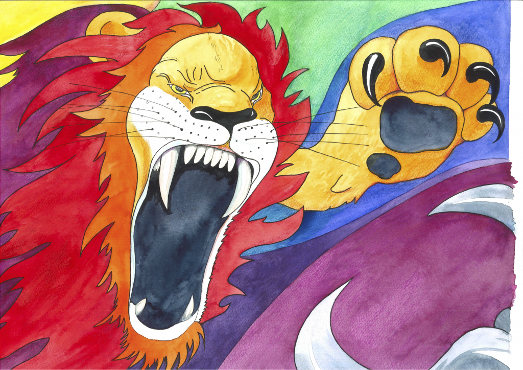 Løøven har åpen munn, så man ser de skarpe tennene. Han holder frem kloen med skarpe klør.