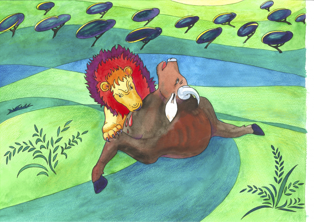 Løven biter i halsen på den brune oksen, mens den brune oksen ser opp mot himmelen.