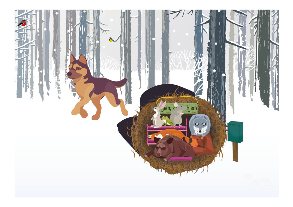 Hunden kommer gående forbi votten. Alle dyrene i votten våkner. 