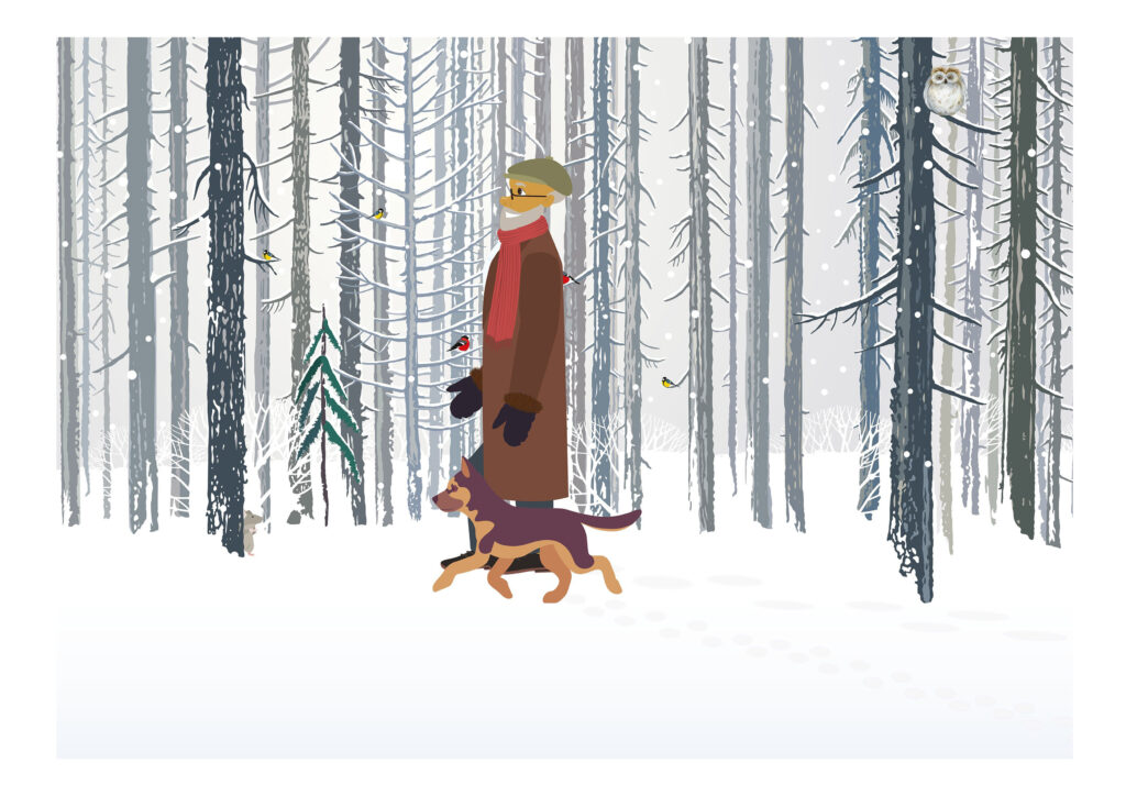 en mann går tur med hunden sin