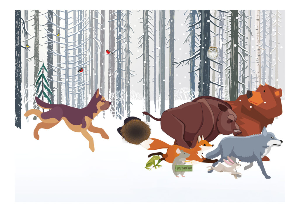 Hunden løper etter alle dyrene som løper ut av votten