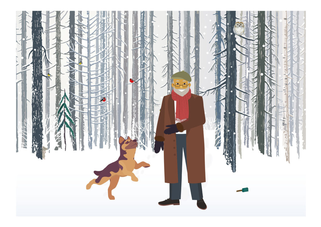 Mannen har tatt på seg votte. Hunden står ved siden av. 