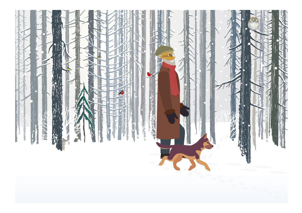 En gammel mann og hunden hans går sammen i skogen