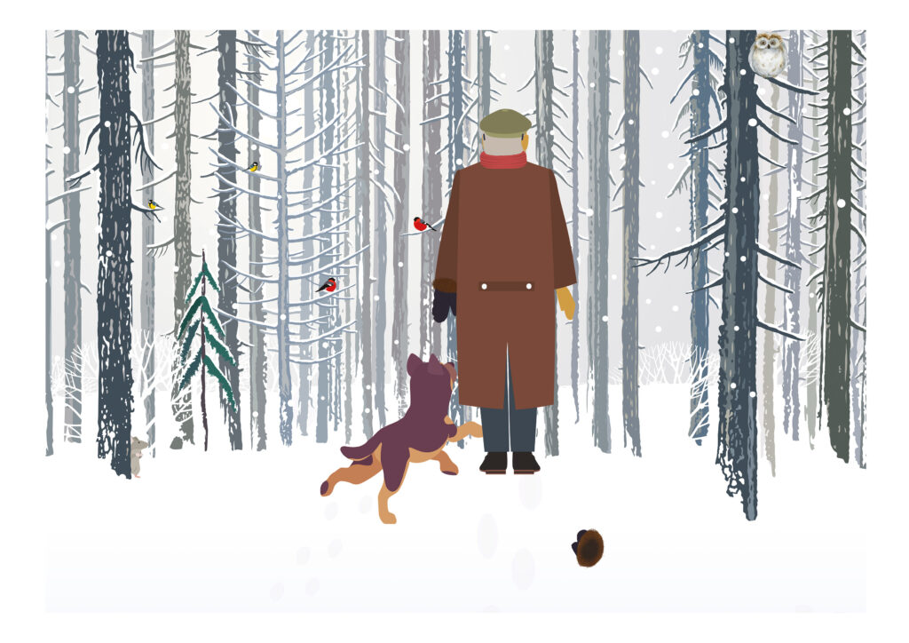 En mann går med hunden sin i skogen. Han har mistet votten sin.