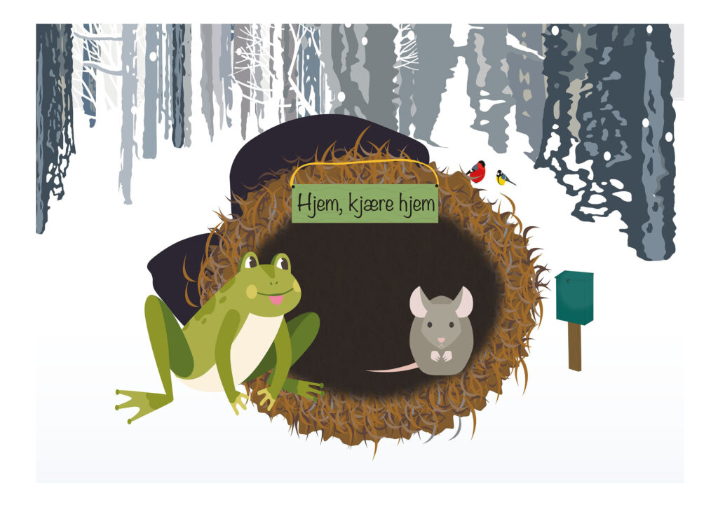 Musen er inni votten, utenfor står en frosk.