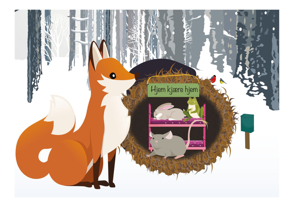 En rev står utenfor votten. Inni er haren, frisken og musen.
