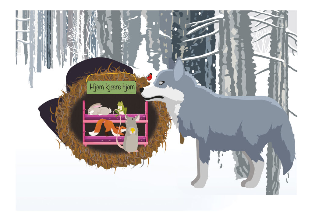 En ulv står utenfor votten. Inni votten er haren, frosken, reven og musen.