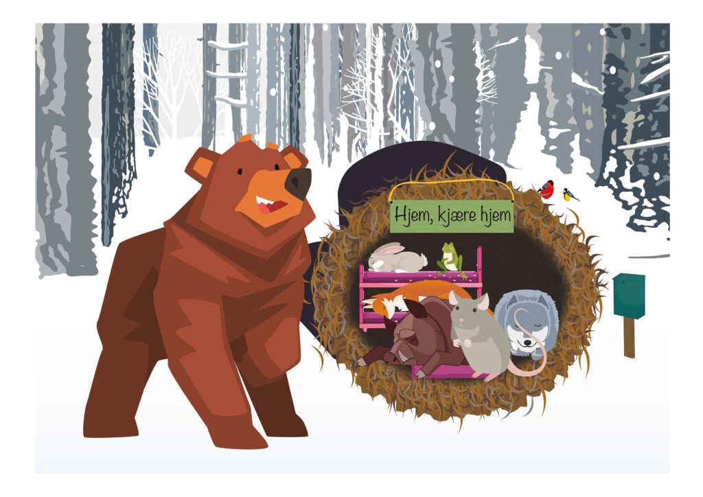 En bjørn står utenfor votten og ser inn