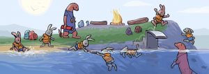 Tegning som viser tegninger av kaniner med redningsvest som har svøæmmeopplæring i vannet