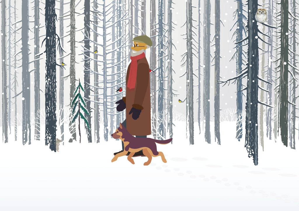 en mann går på tur med hunden sin
