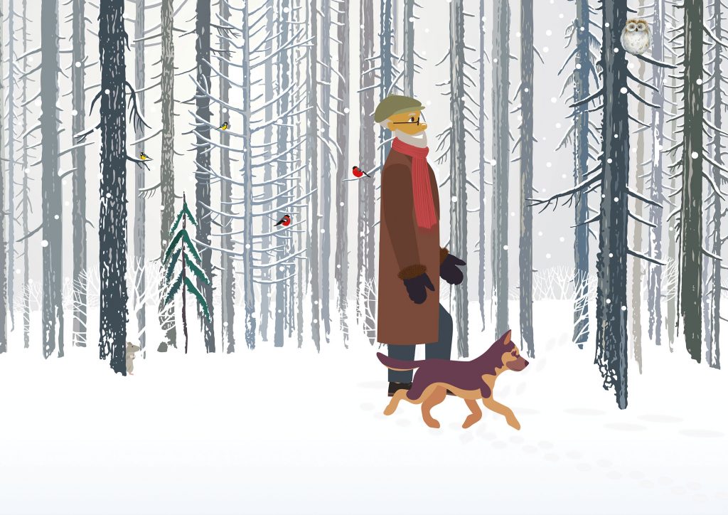 En gammel mann og hunden hans går sammen i skogen