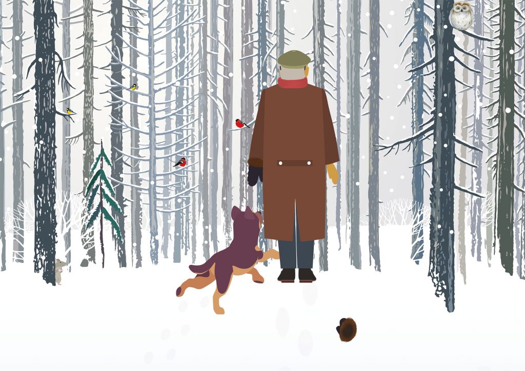 Mannen har mistet votten sin i snøen. Mannen og hunden går videre.