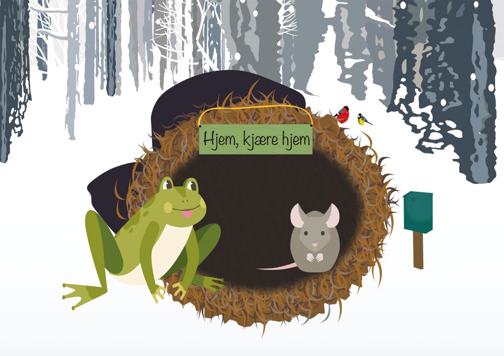 En frosk står utenfor votten. Musen står inni.