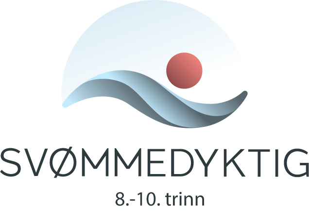 Logo svømmedyktig 8. til 10. trinn. Grå, blå og rød grafikk.